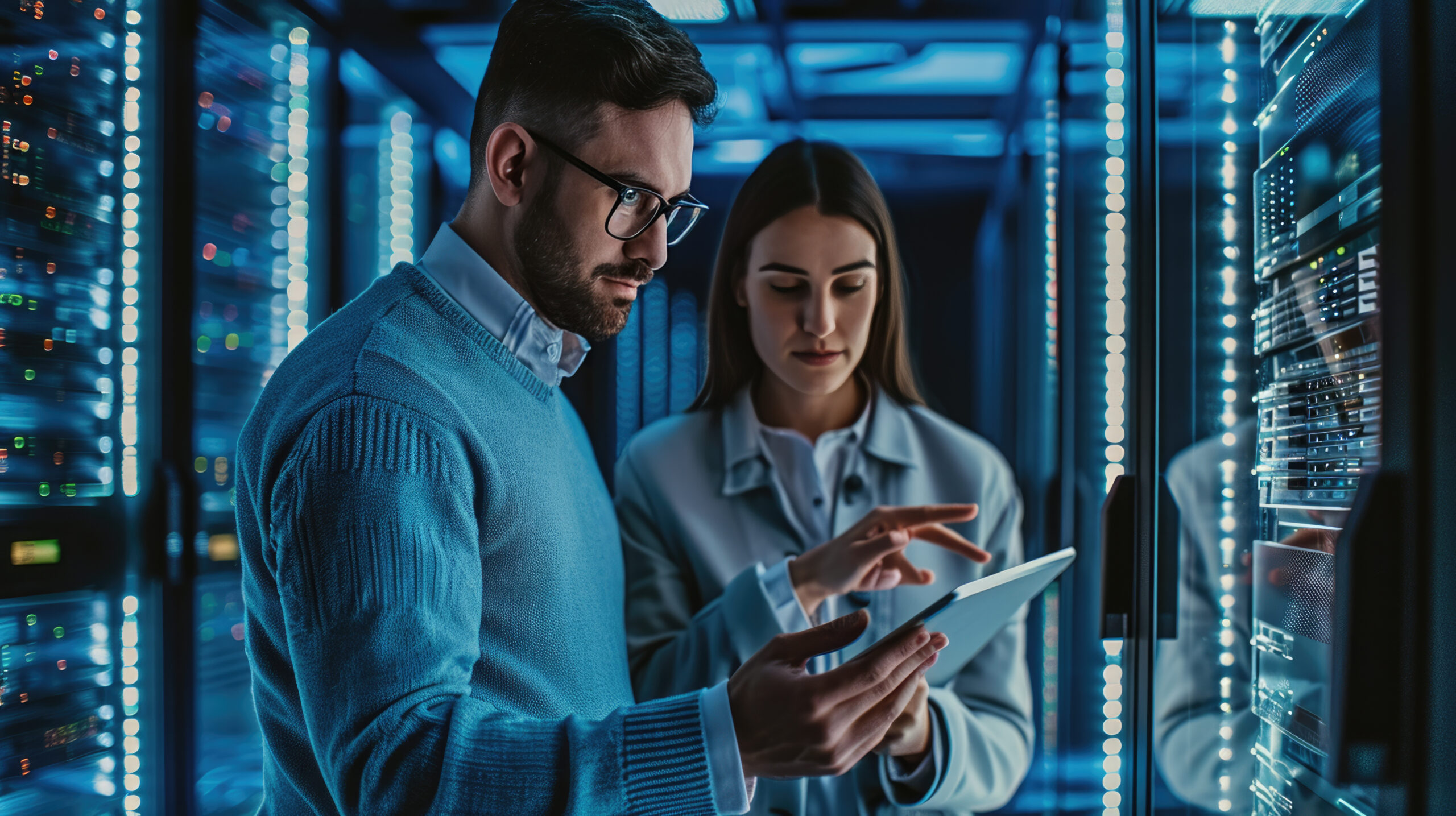 Male and a female IT professional in a data center, with the woman holding a tablet and the man observing, likely collaborating on a task.