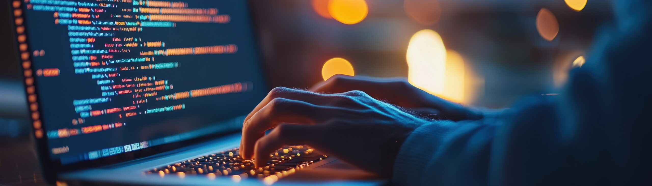 A close up view of hands typing on a laptop with colorful code on the screen, capturing the essence of programming and creativity.