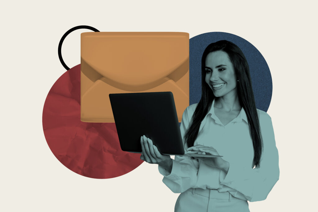 happy girl hold laptop distance correspondence mailbox icon newsletter notification