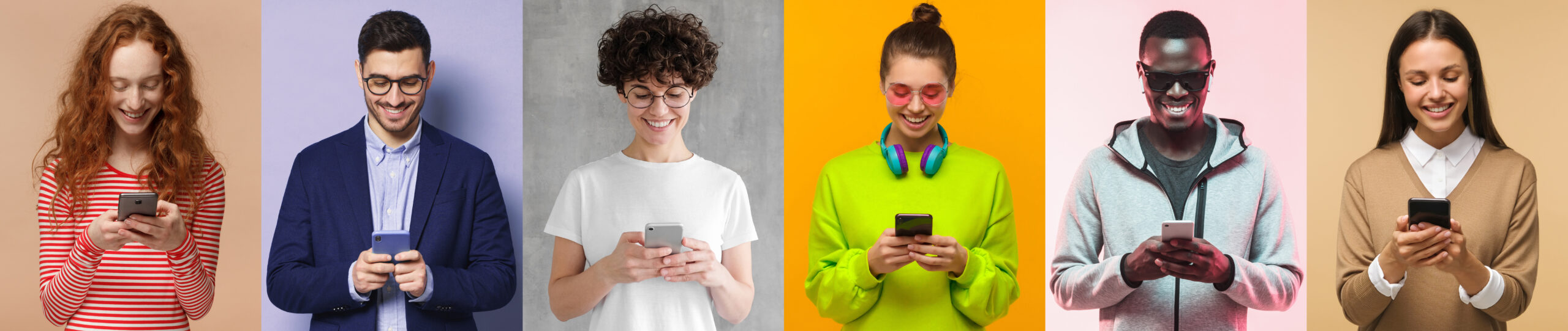Phone people collage. Group of many smiling men and women texting or browsing with smartphone, isolated on colorful background