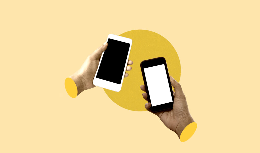 Two hands holding mobile phones with black screen isolated on yellow background. Art collage digital pop modern art.