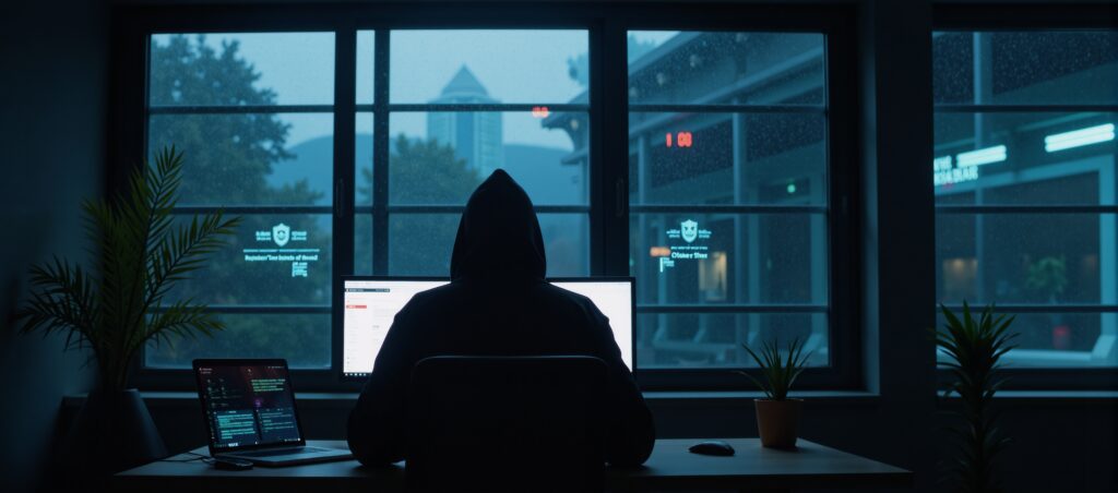 Futuristic setting of an unidentified hacker in neon blue lit cybersecurity focused room featuring cyber threat themes while wearing a black hoodie amidst blurred rain backdrop