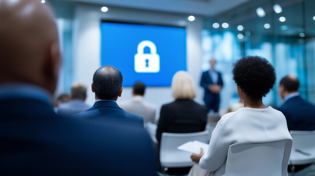 Australian office team attending a practical cybersecurity briefing about safe device access.