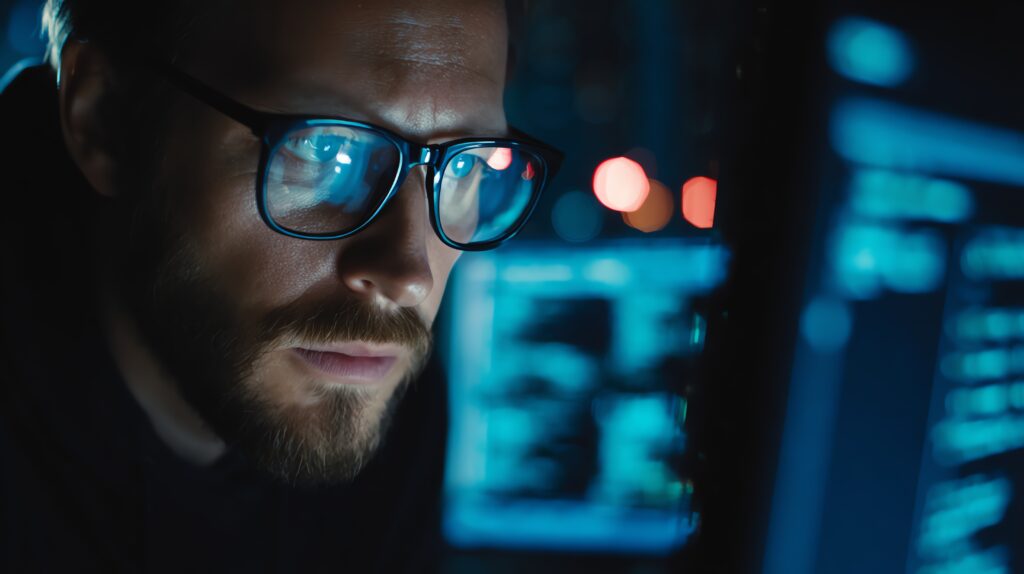 IT administrator reviewing user permissions and endpoint security from a business office workstation.